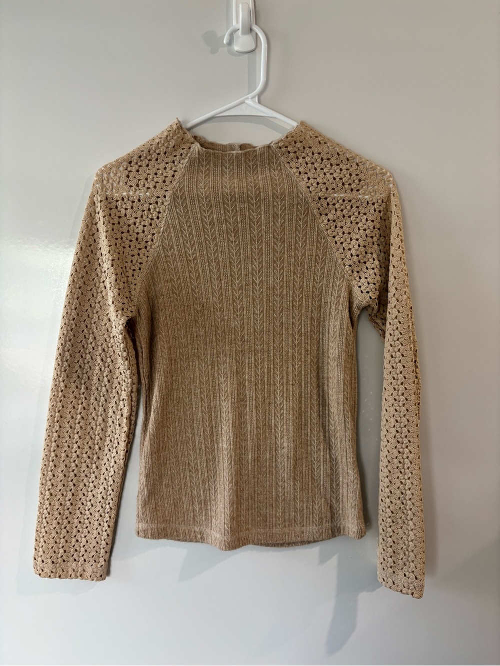 Miss Me Tan Crochet-Trim Knit Pullover